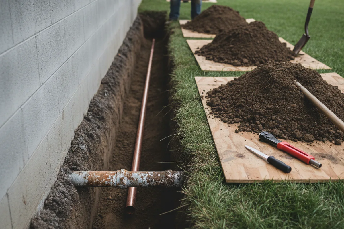 Excavated water line trench during Water Softener Installation in Benton Ridge